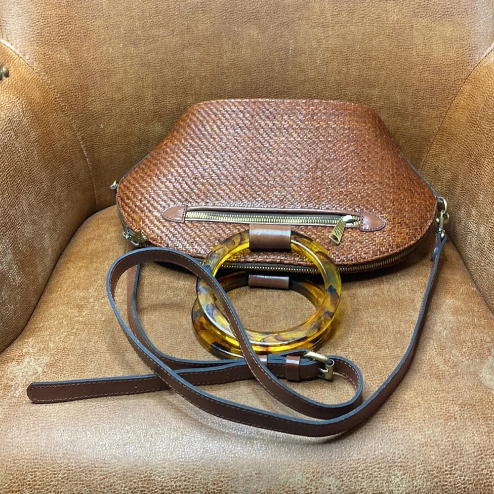 Patricia Nash Brown Woven Dome Bag with Tortoiseshell Ring Handles